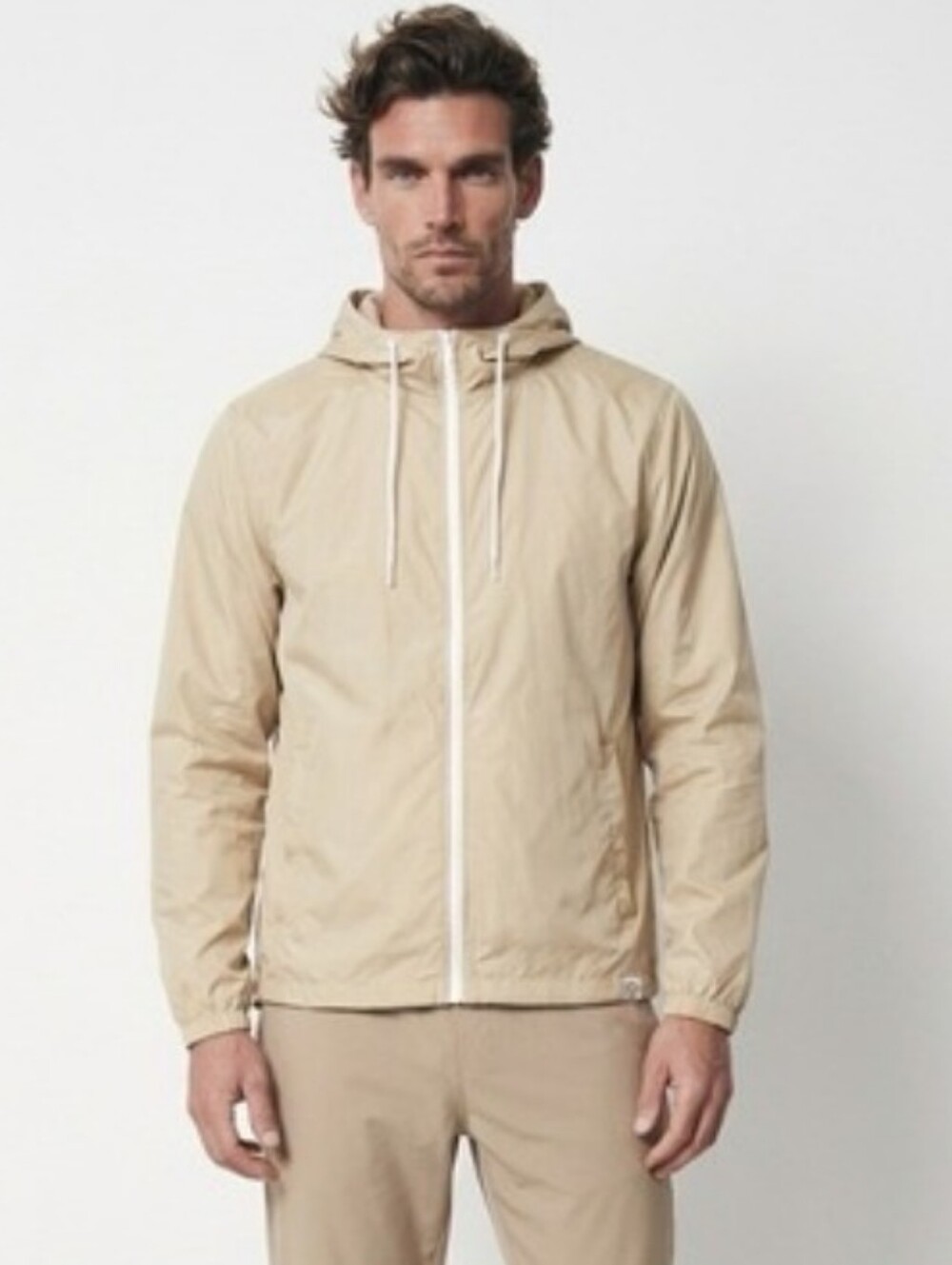 Grand Running Club Men's Tan Hooded Windbreaker Jacket Large Full Zip New